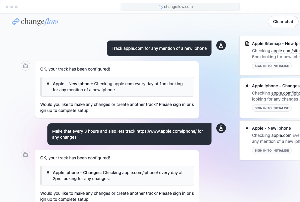 Changeflow AI chat interface showing website monitoring setup