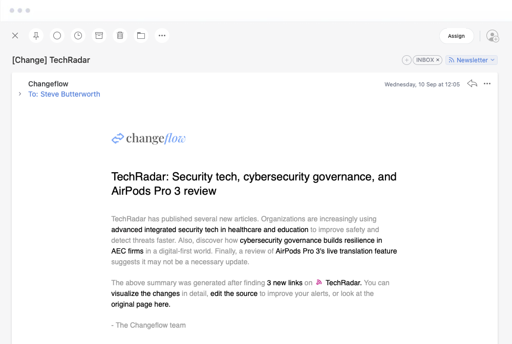 Email notification showing website change alert
