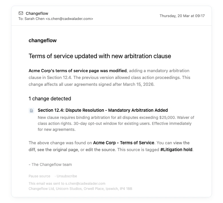 Changeflow email alert showing captured website changes with timestamps and source metadata for legal evidence