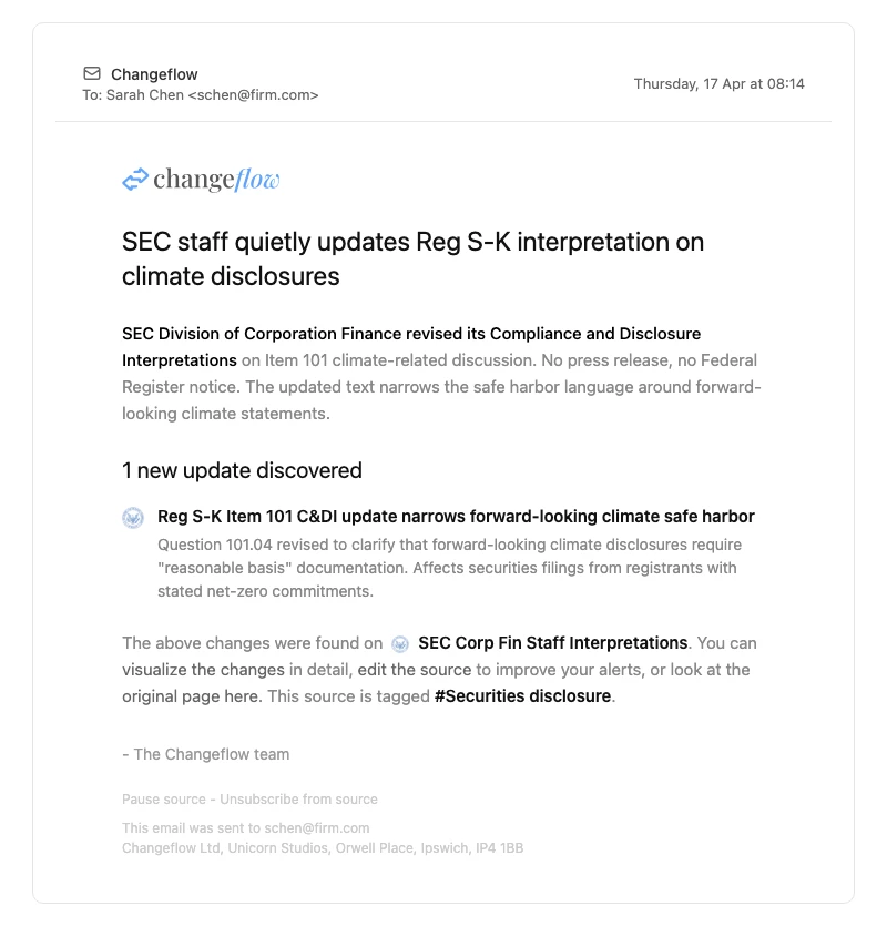 Changeflow regulatory intelligence alert with source attribution