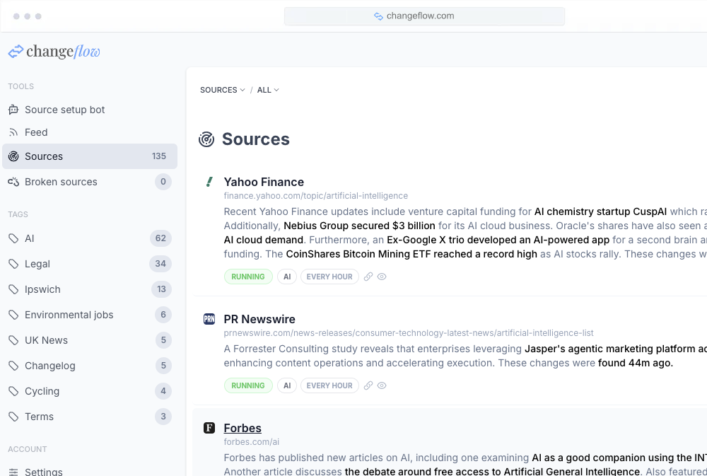 Changeflow feed showing latest website changes and updates